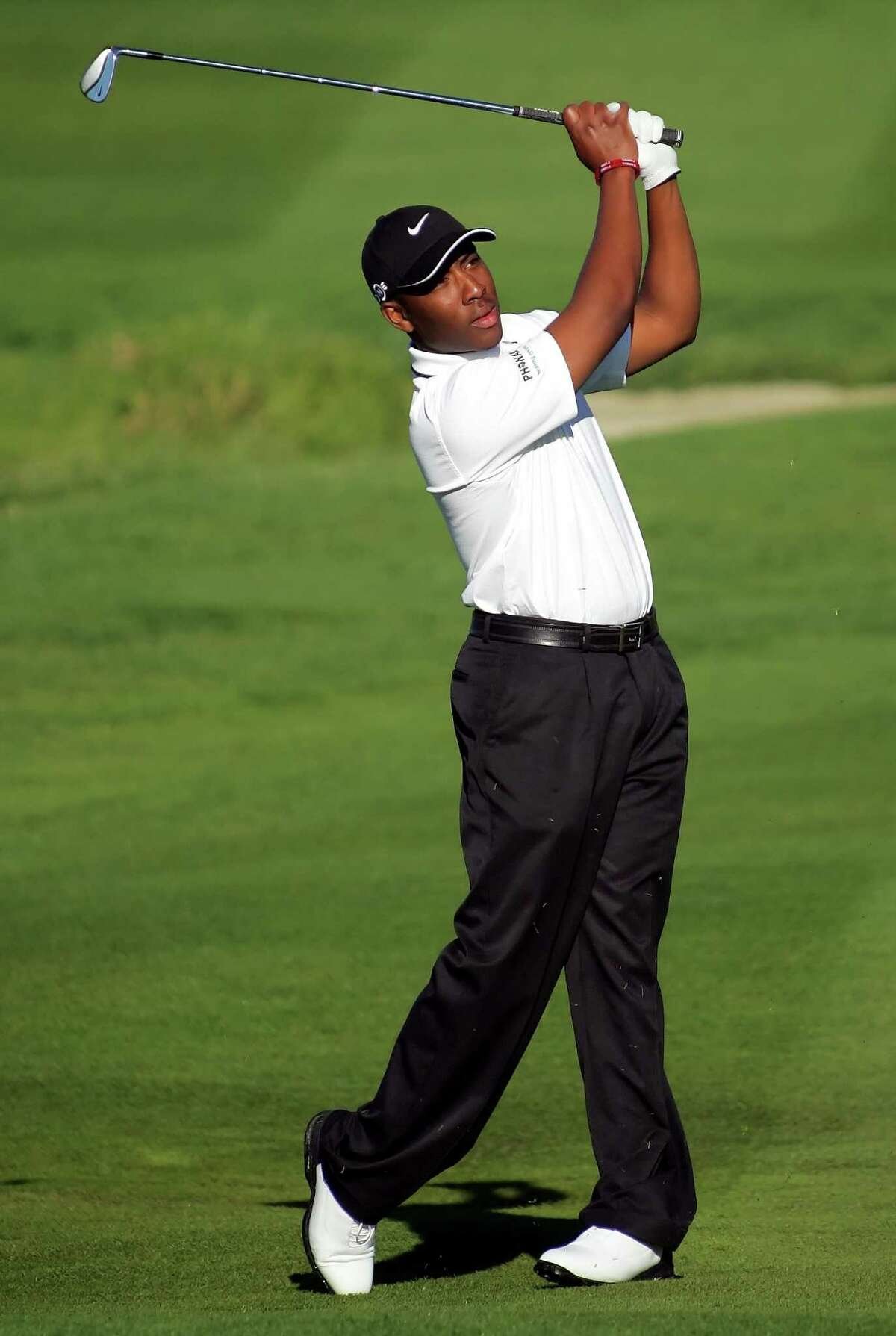 Kevin Hall hits from the second fairway at Pebble Beach Golf Links during the first round of the Pebble Beach National Pro-Am golf tournament in Pebble Beach, Calif., Thursday, Feb. 9, 2006. (AP Photo/Jeff Chiu)