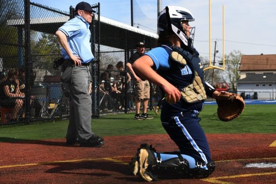 Bergen Tech softball vs. Waldwick in the Donna Ricker Tournament at Wood-Ridge High School on Saturday, April 13, 2019. (left) Umpire Jon Breuer. 